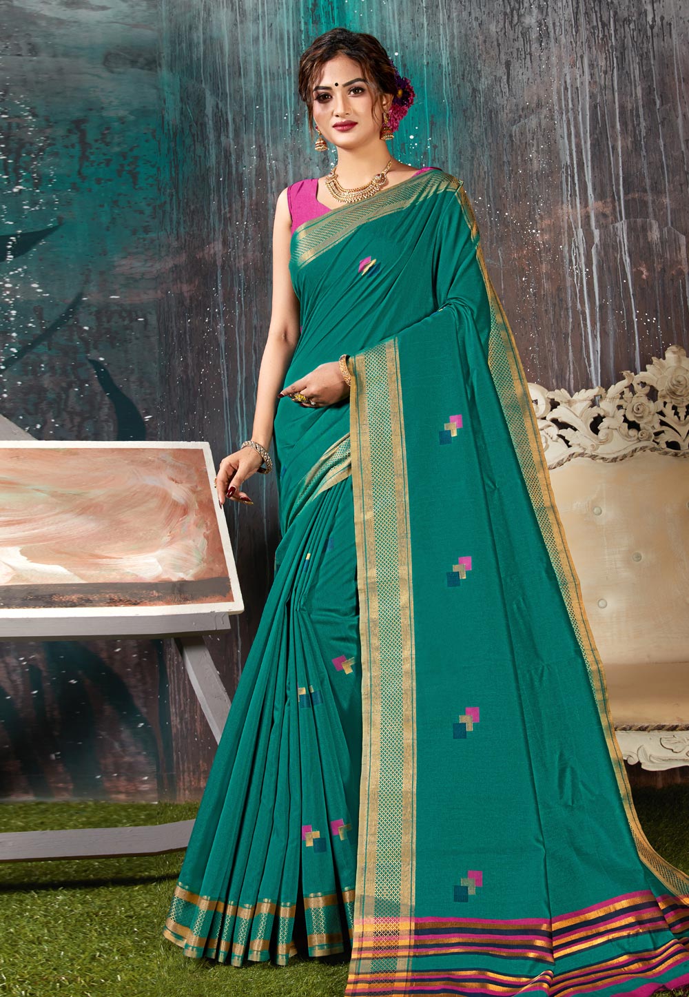 Teal Chanderi Saree With Blouse 209684