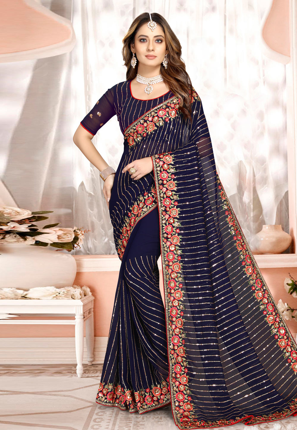 Navy Blue Georgette Saree With Blouse 249514