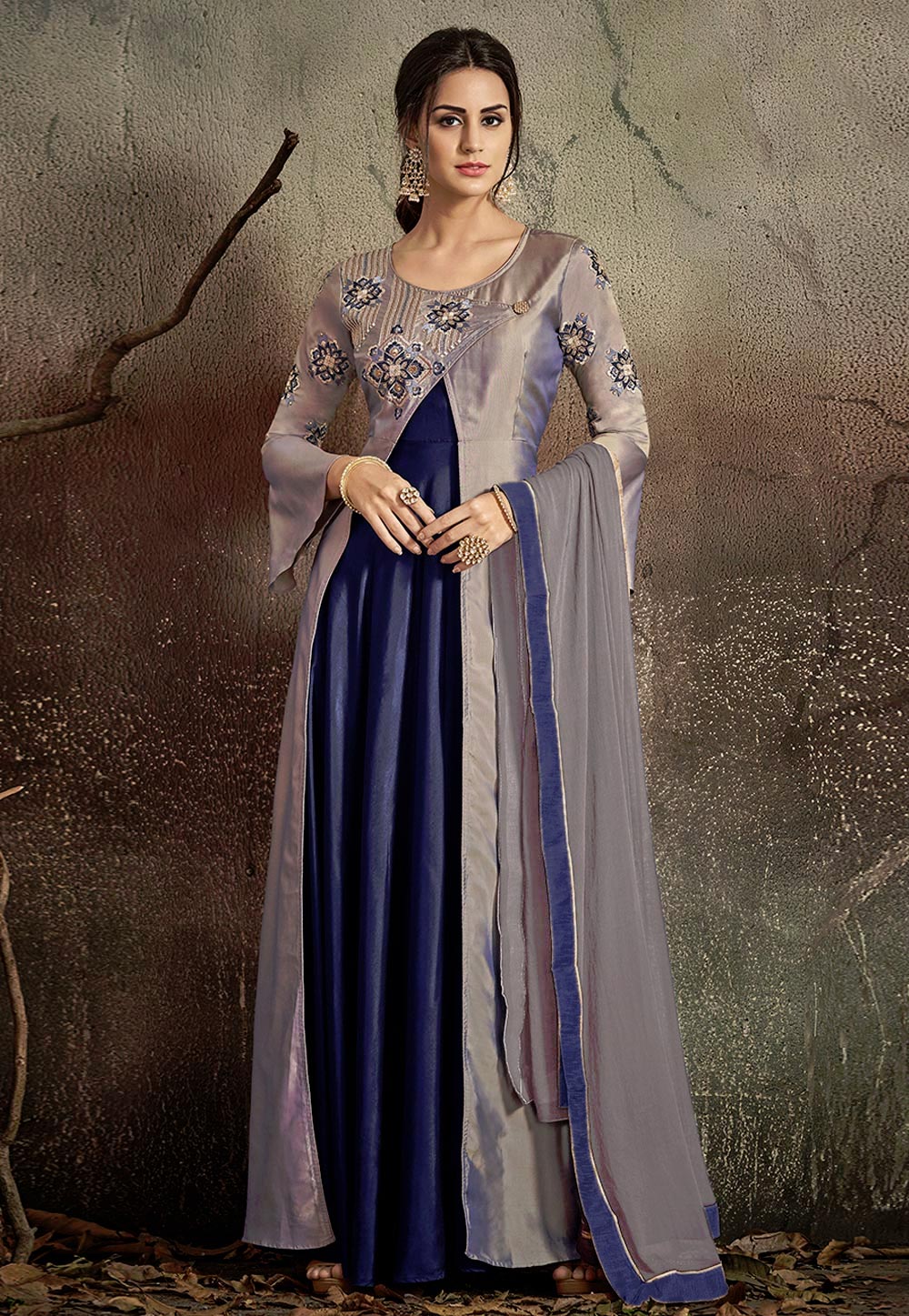 Grey Taffeta Embroidered Readymade Ankle Length Anarkali Suit 165690