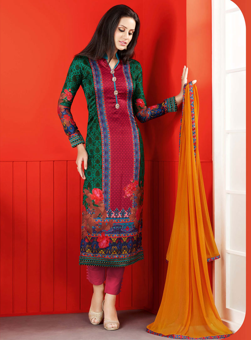 Red Satin Pakistani Style Suit 80064