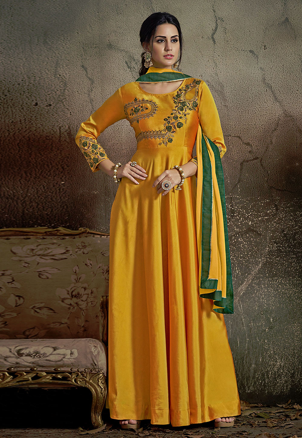 Yellow Taffeta Embroidered Readymade Long Anarkali Suit 165691