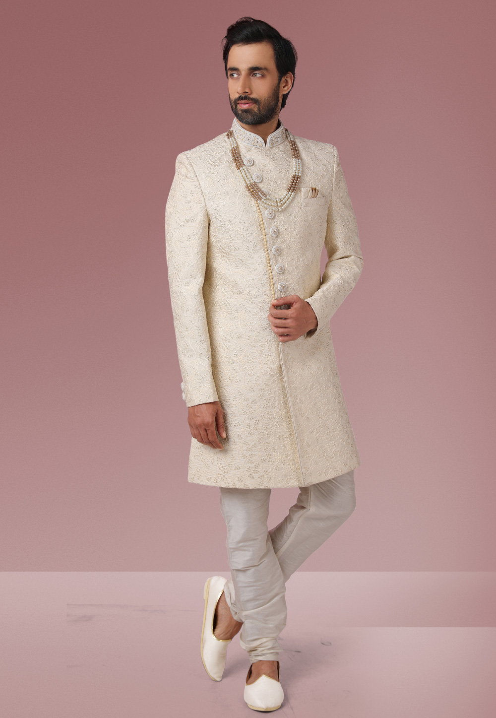 Off White Banarasi Silk Indo Western Suit 239432