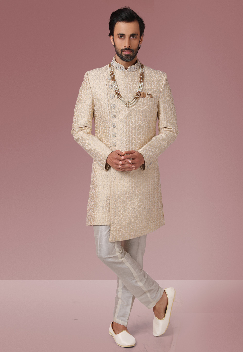 Cream Banarasi Silk Indo Western Suit 239434