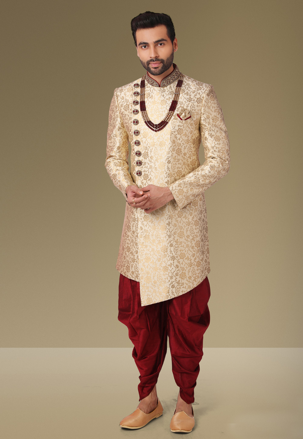 Golden Jacquard Silk Indo Western Suit 239439