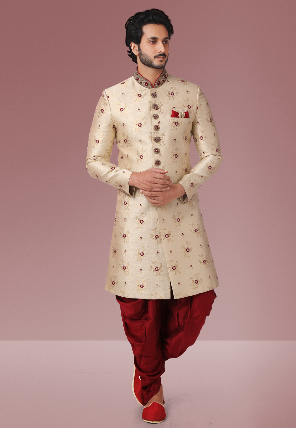 Beige Jacquard Silk Indo Western Suit 239441