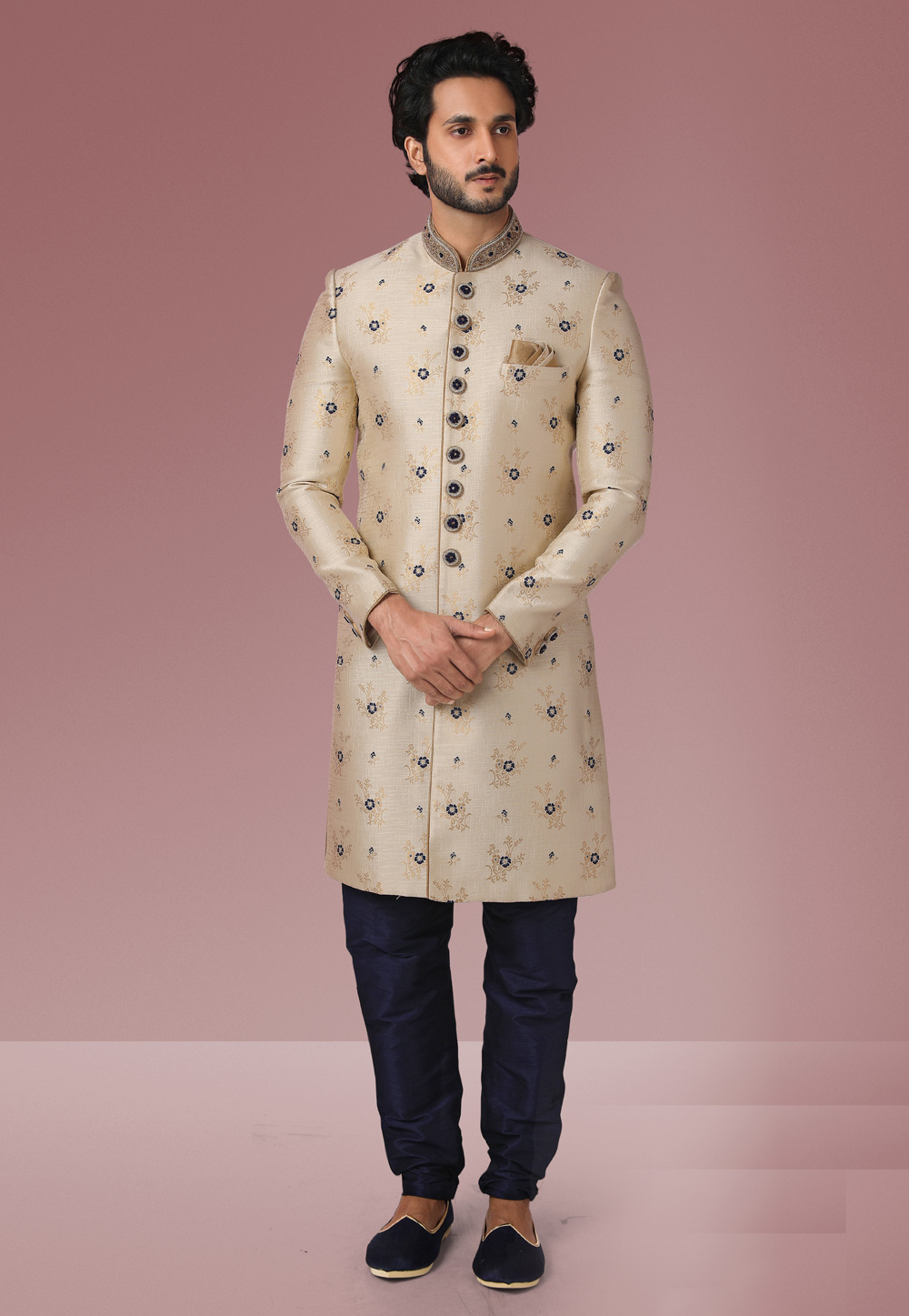 Beige Jacquard Silk Indo Western Suit 239442