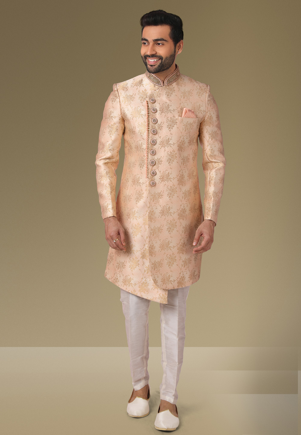 Peach Jacquard Silk Indo Western Suit 239443