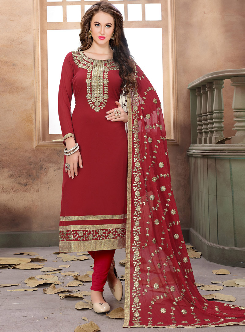Red Faux Georgette Churidar Salwar Suit 121826