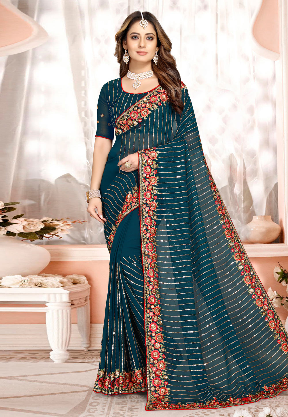 Teal Georgette Saree With Blouse 249516
