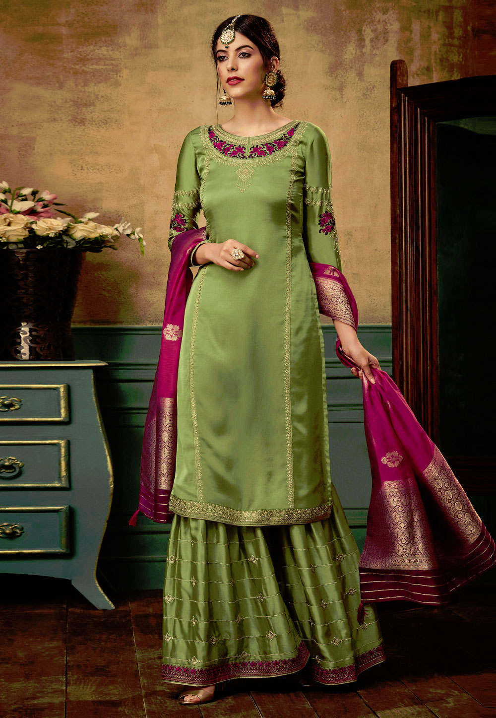 Pista Green Satin Palazzo Suit 155716