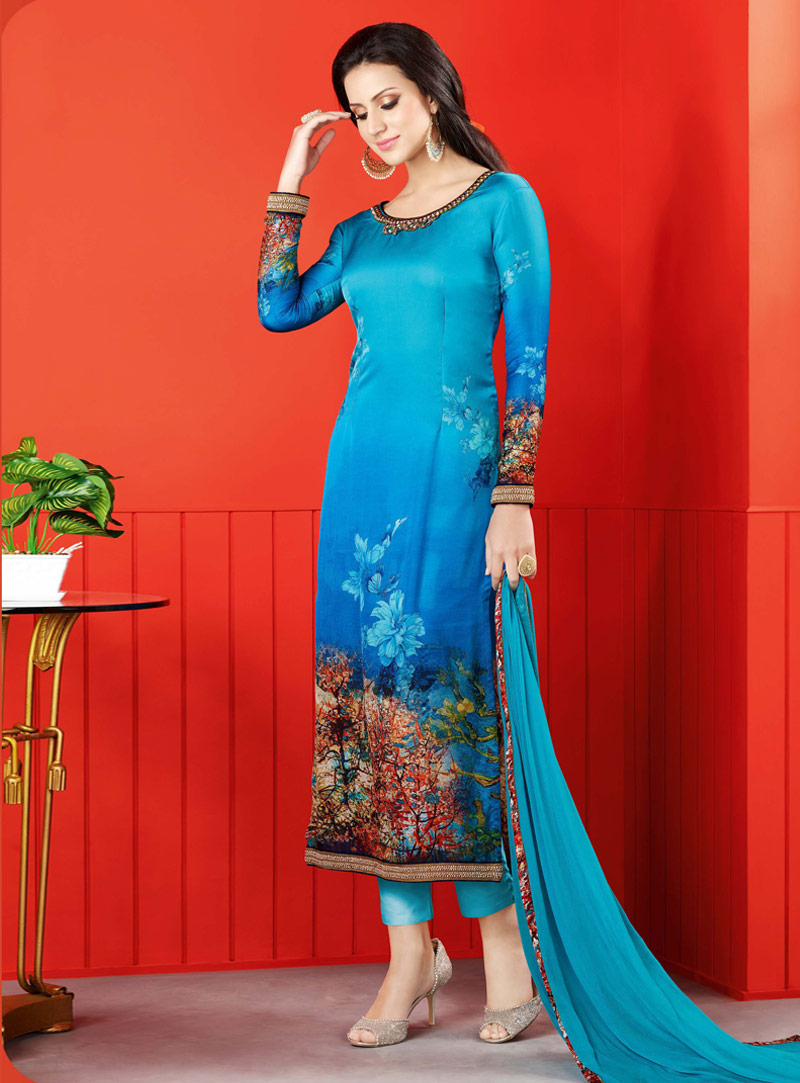 Blue Satin Pakistani Style Suit 80066