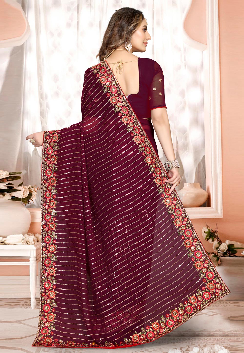 Elegant Wine Colour Saree with Fancy Lace