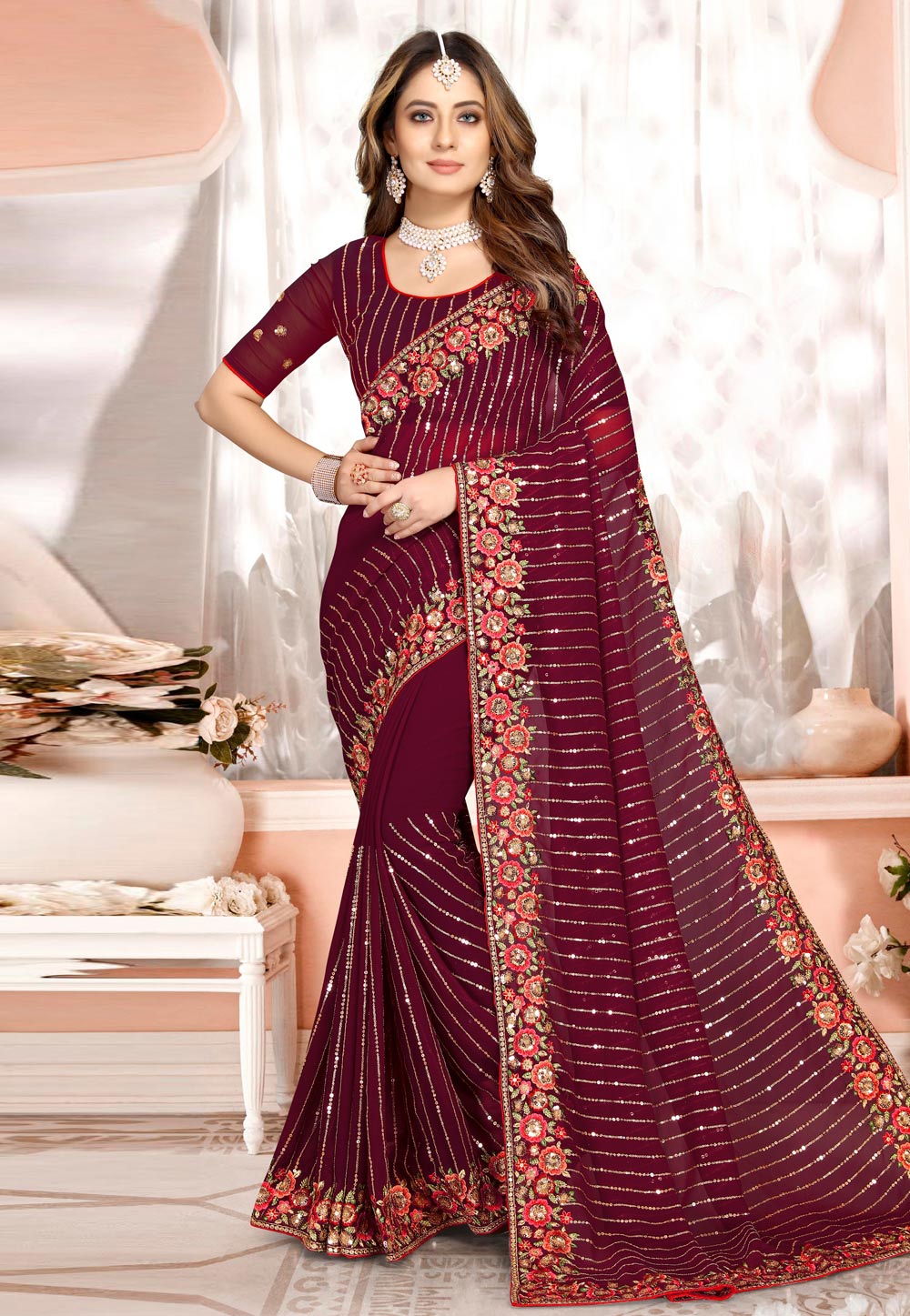 Maroon Georgette Saree With Blouse 249517