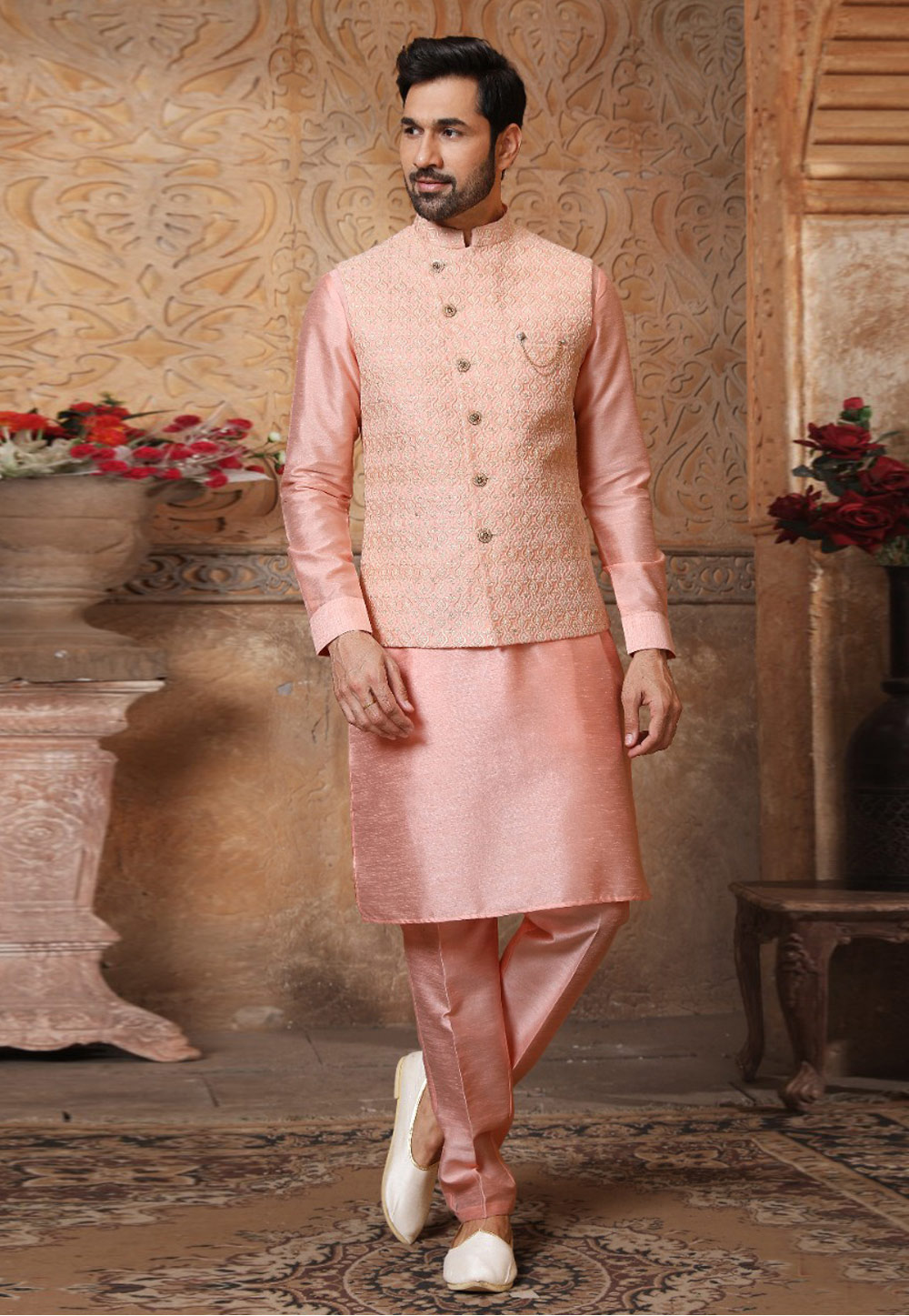 Peach Banarasi Silk Lakhnavi Kurta Pajama With Jacket 239666