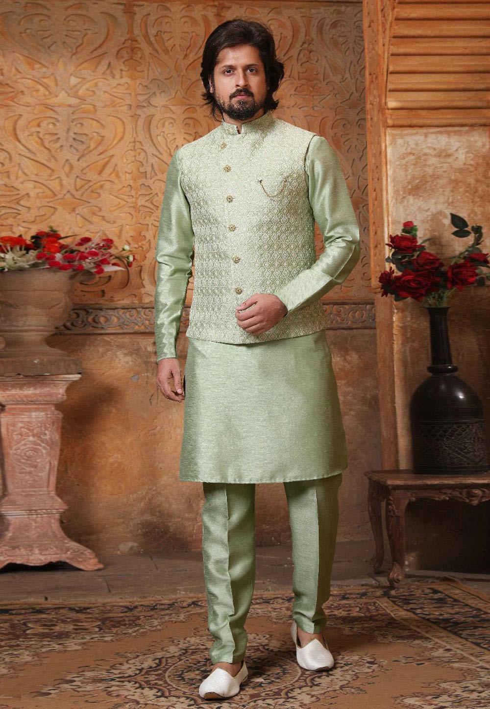 Pista Green Banarasi Silk Lakhnavi Kurta Pajama With Jacket 239667
