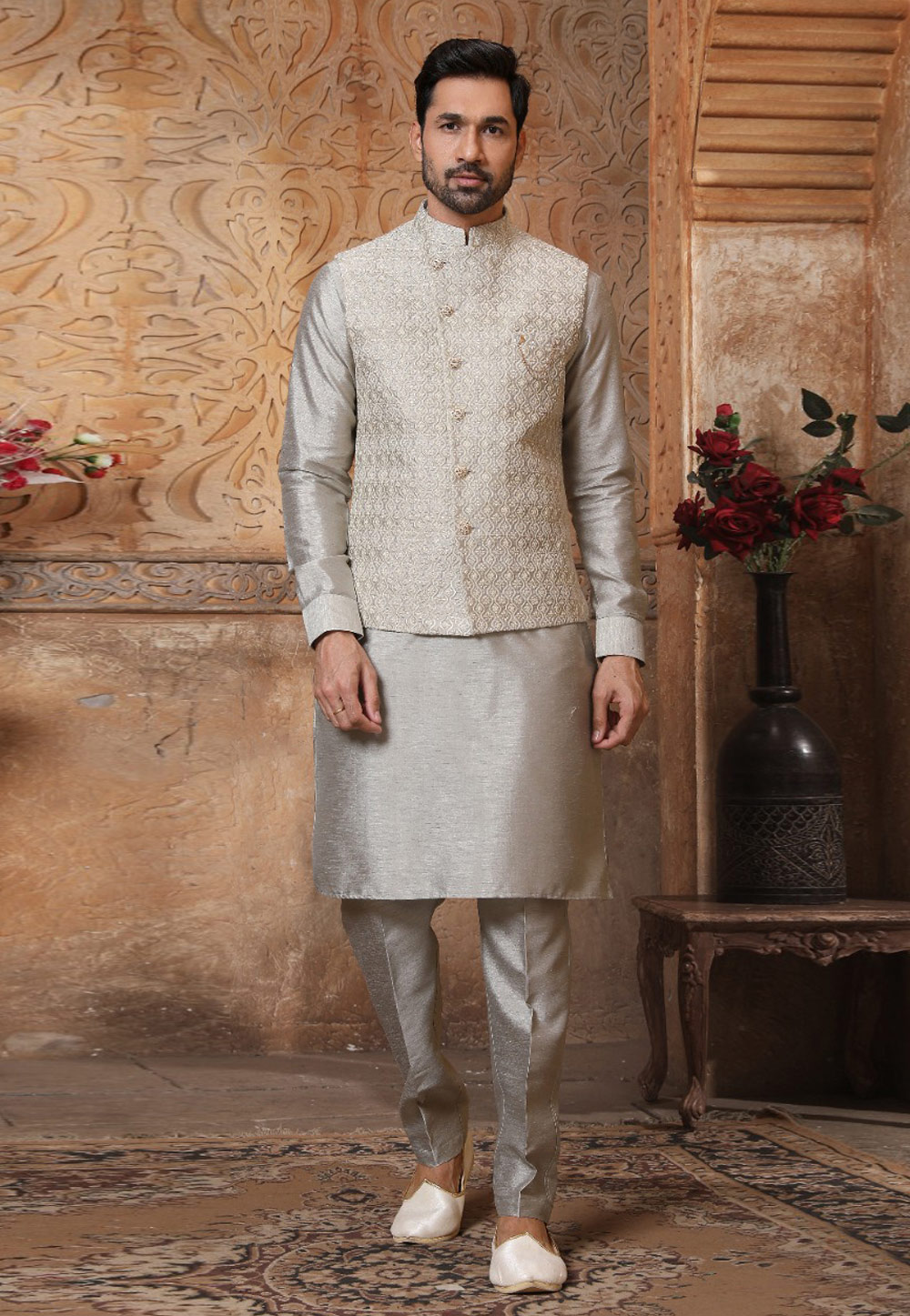 Grey Banarasi Silk Lakhnavi Kurta Pajama With Jacket 239668