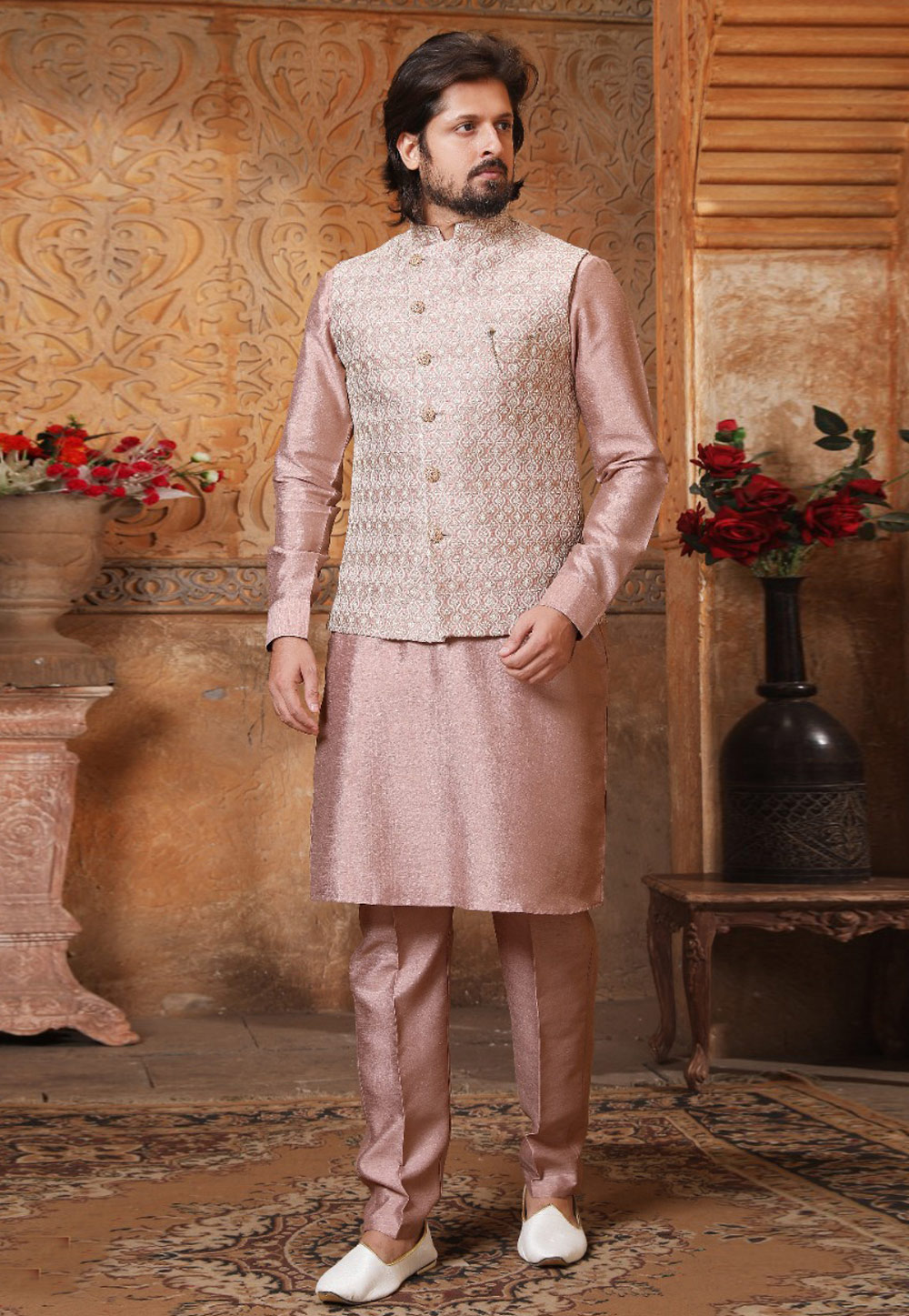 Pink Banarasi Silk Kurta Pajama With Jacket 239669