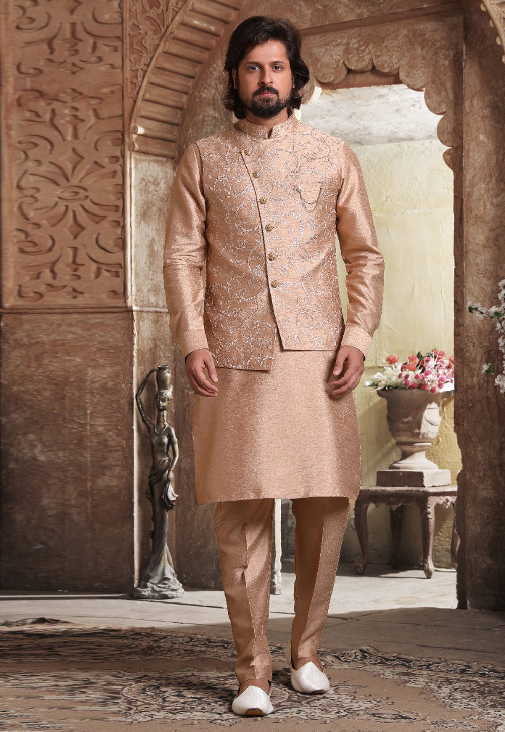 Peach Banarasi Silk Kurta Pajama With Jacket 239671