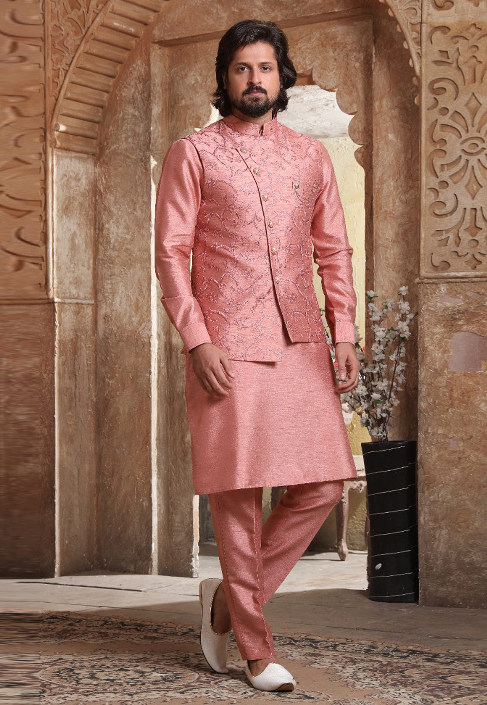 Pink Banarasi Silk Kurta Pajama With Jacket 239672