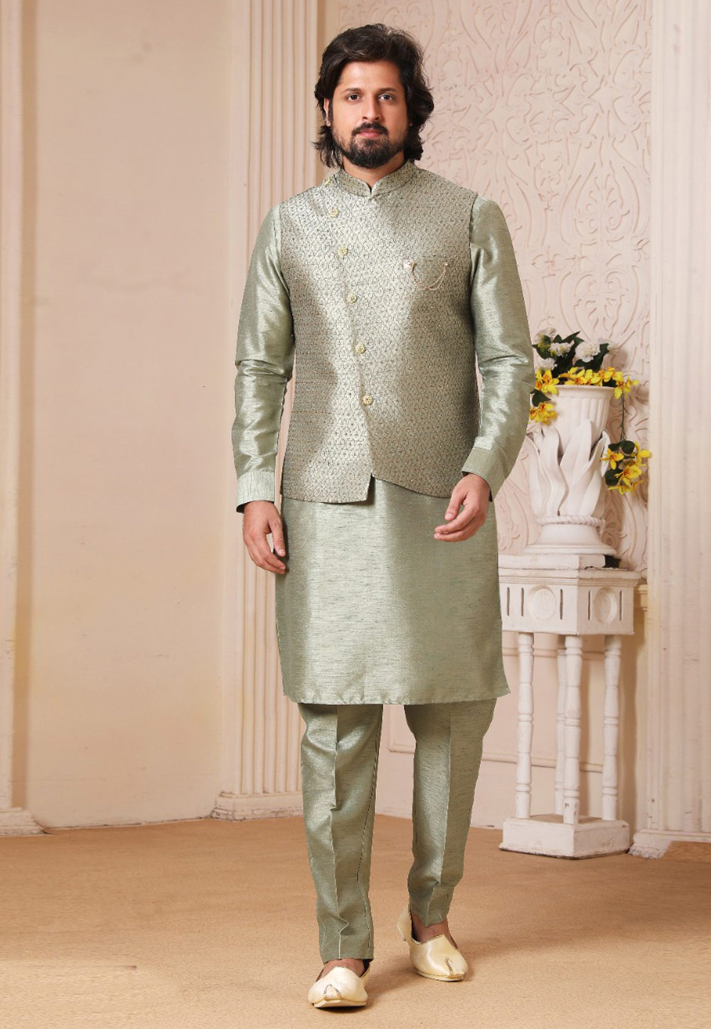 Sea Green Banarasi Silk Kurta Pajama With Jacket 239673