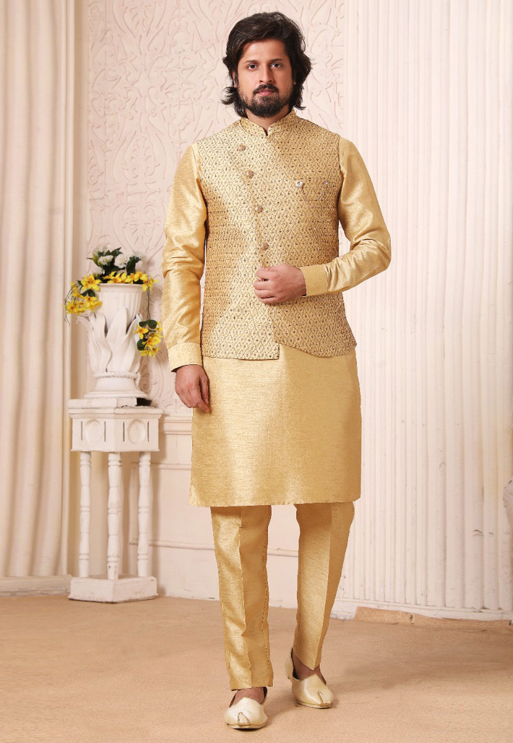 Golden Banarasi Silk Lakhnavi Kurta Pajama With Jacket 239674