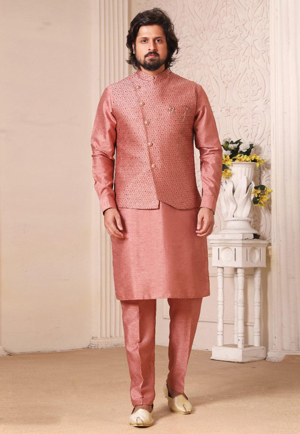 Pink Banarasi Silk Kurta Pajama With Jacket 239675