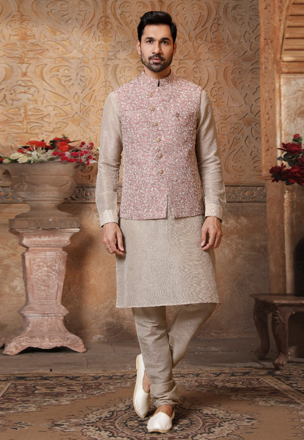 Beige Banarasi Silk Kurta Pajama With Jacket 239676
