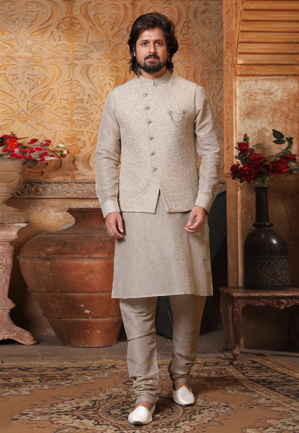 Beige Banarasi Silk Kurta Pajama With Jacket 239677