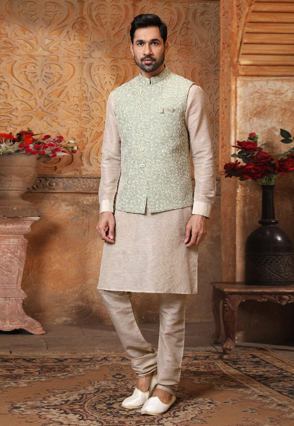 Beige Banarasi Silk Kurta Pajama With Jacket 239678