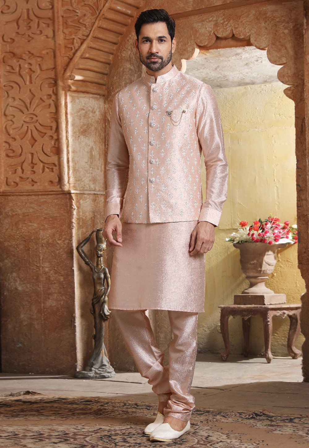 Cream Banarasi Silk Kurta Pajama With Jacket 239679