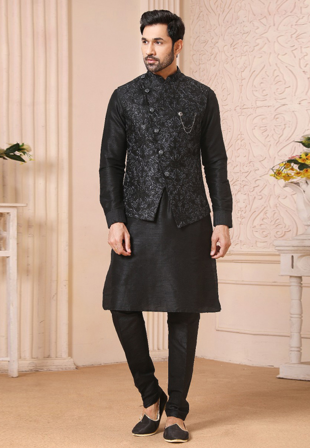 Black Banarasi Silk Kurta Pajama With Jacket 239682
