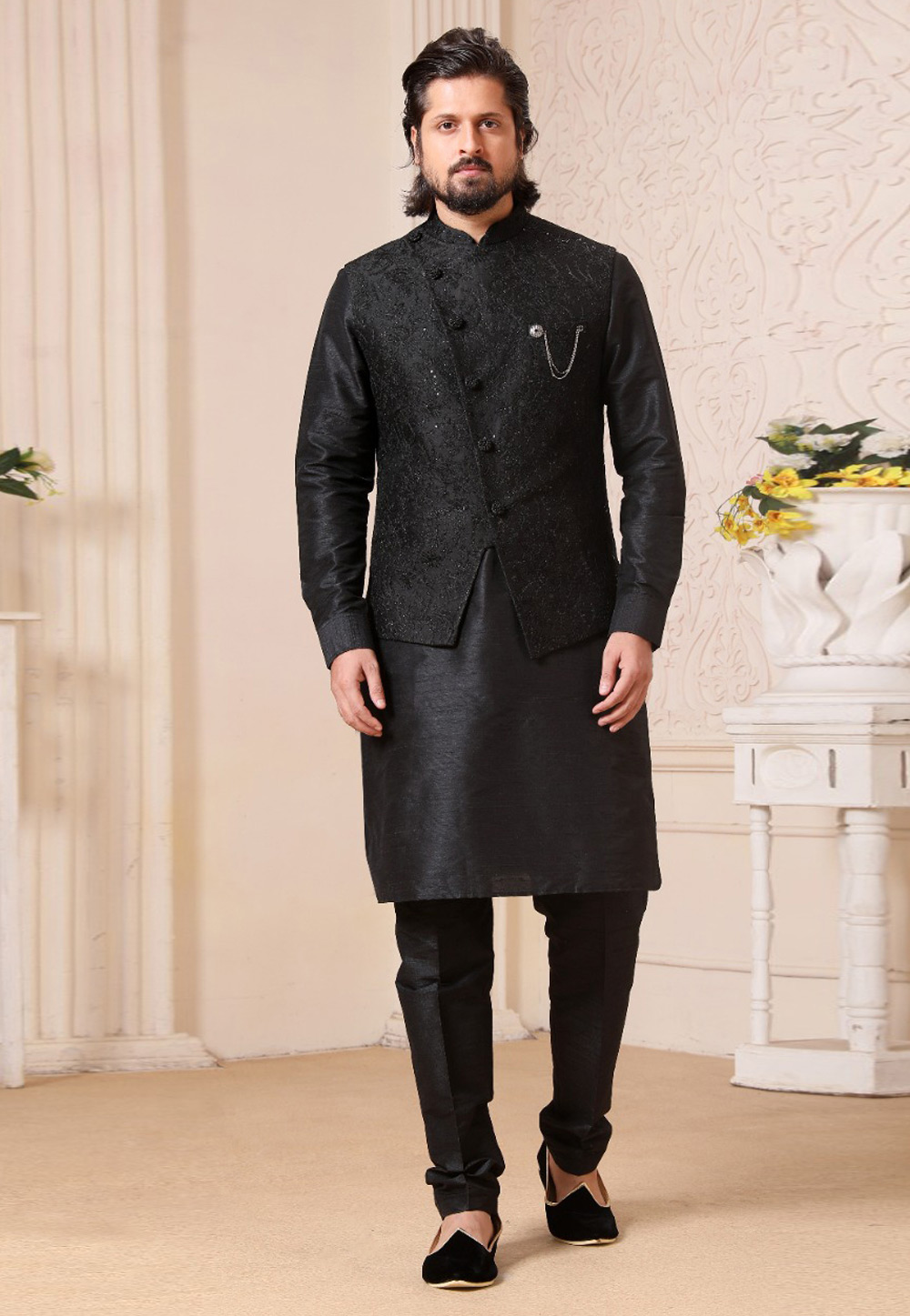 Black Banarasi Silk Kurta Pajama With Jacket 239683