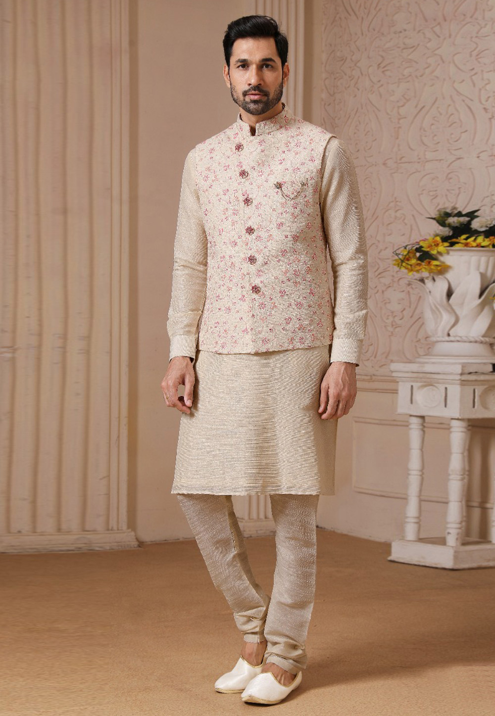 Beige Banarasi Silk Kurta Pajama With Jacket 239686