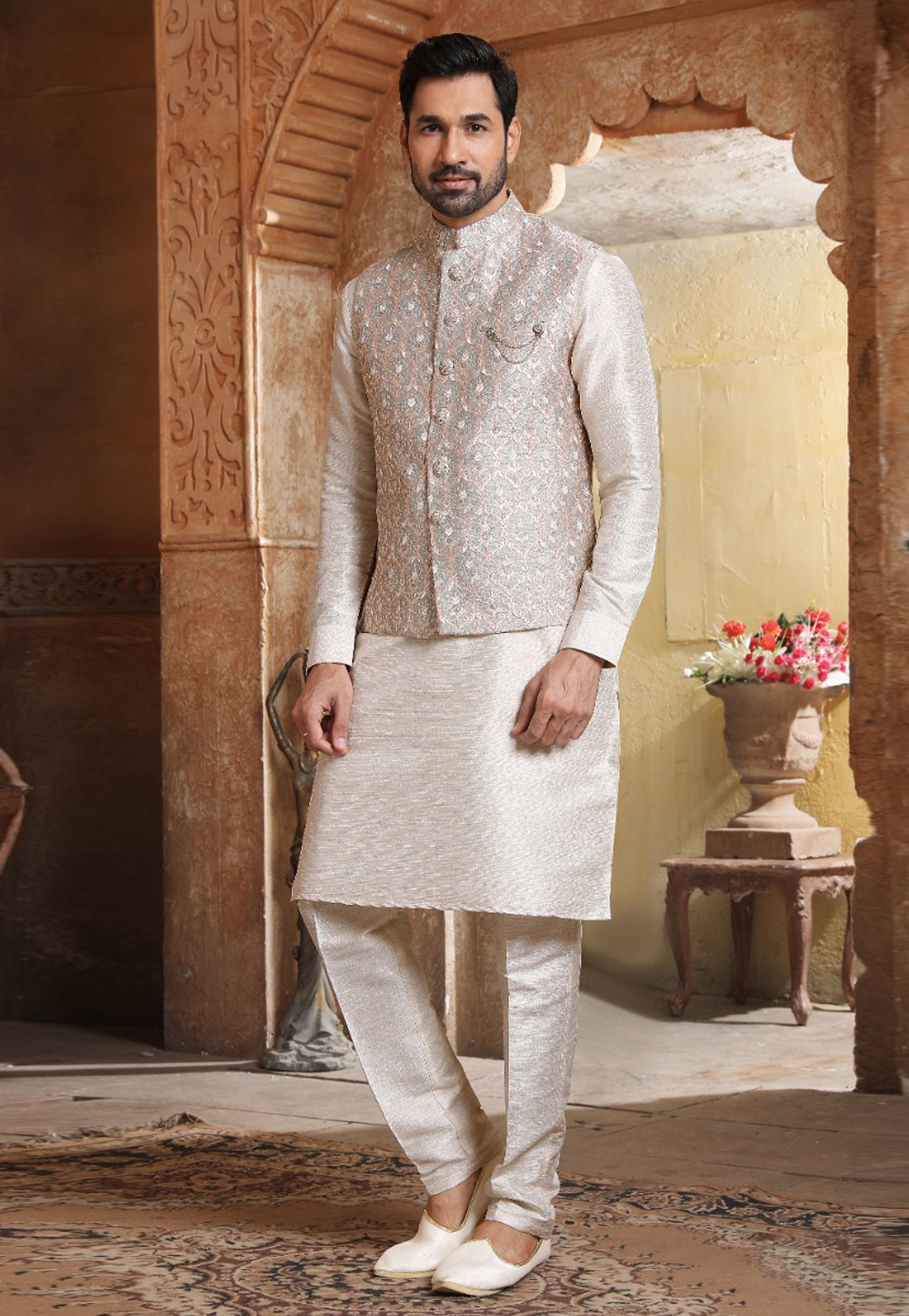Beige Banarasi Silk Kurta Pajama With Jacket 239688