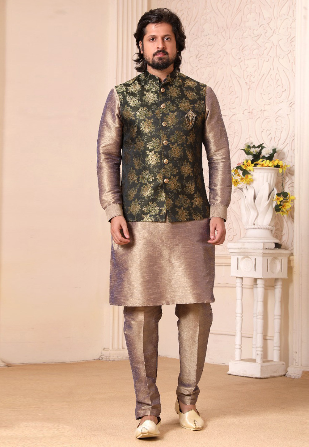 Brown Banarasi Silk Kurta Pajama With Jacket 239701