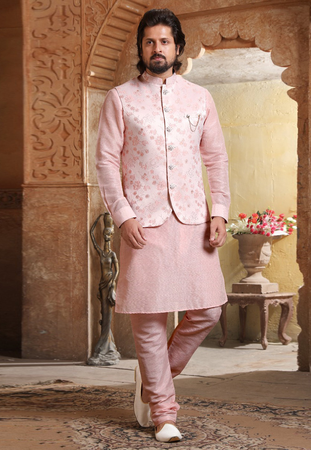 Pink Banarasi Silk Kurta Pajama With Jacket 239703
