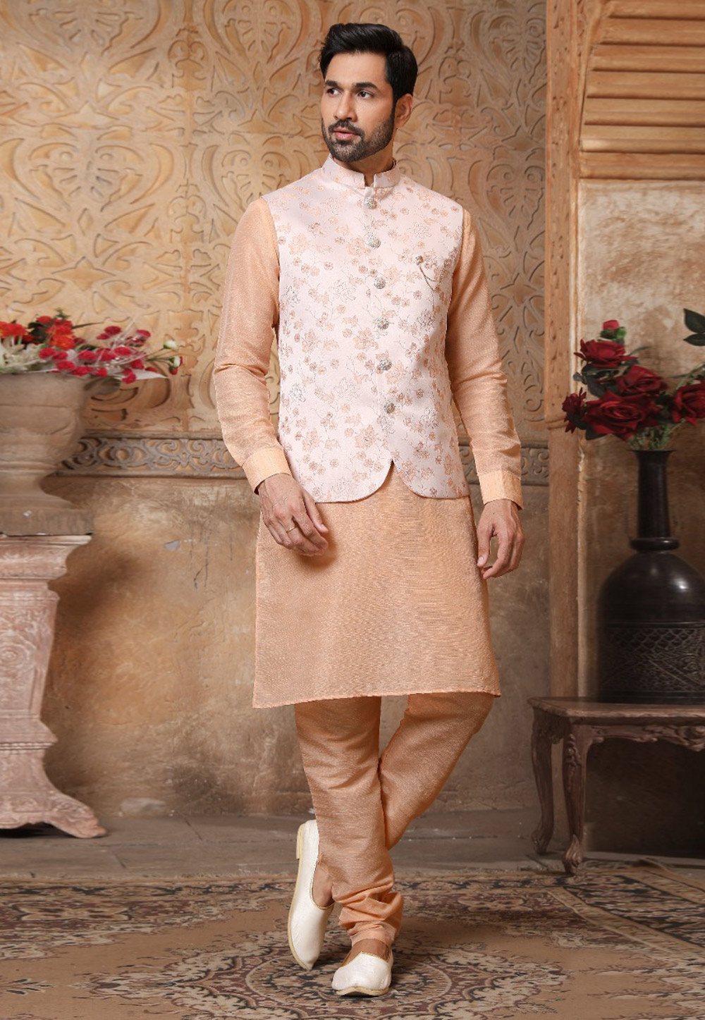 Peach Banarasi Silk Kurta Pajama With Jacket 239704