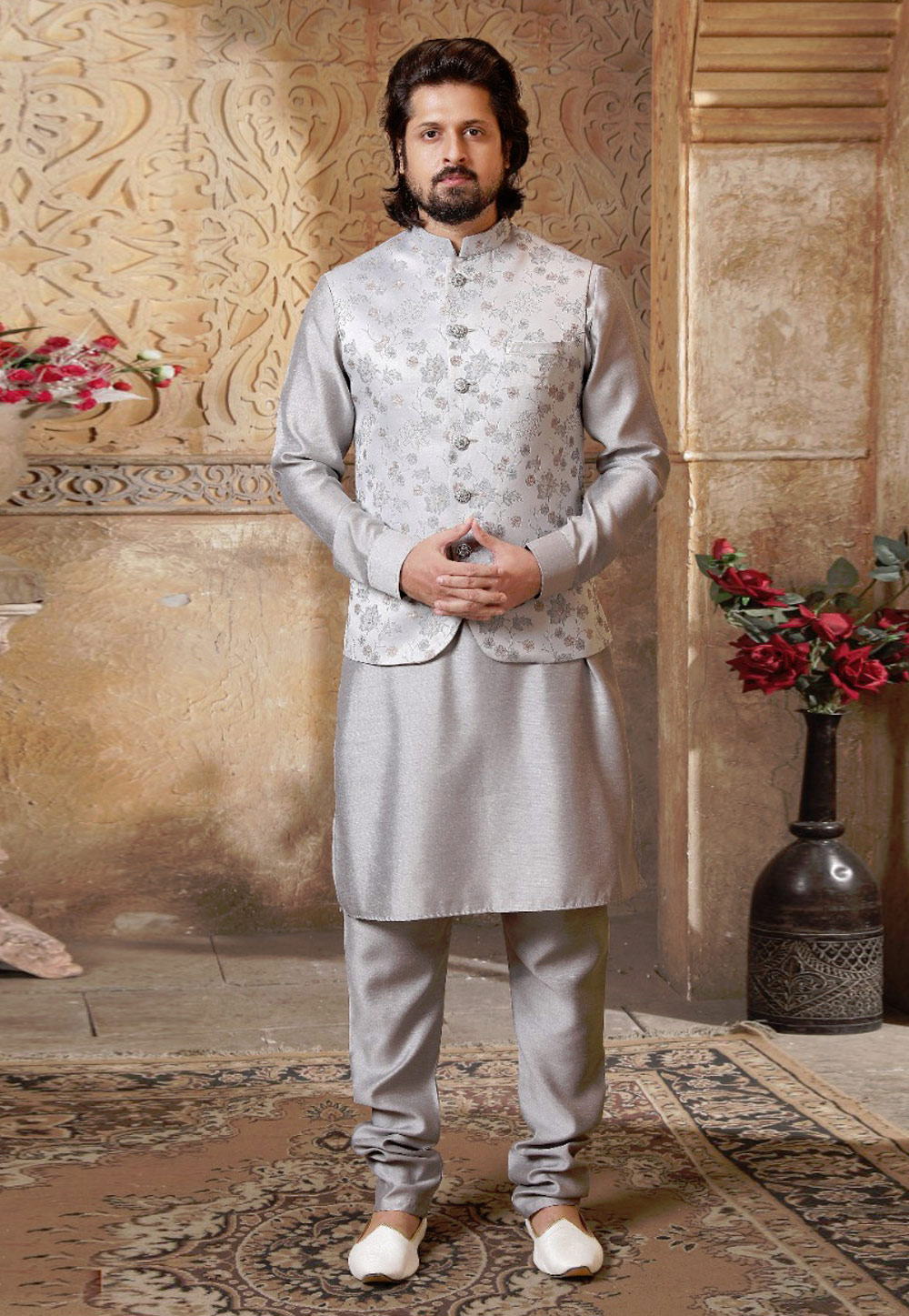 Grey Banarasi Silk Kurta Pajama With Jacket 239705