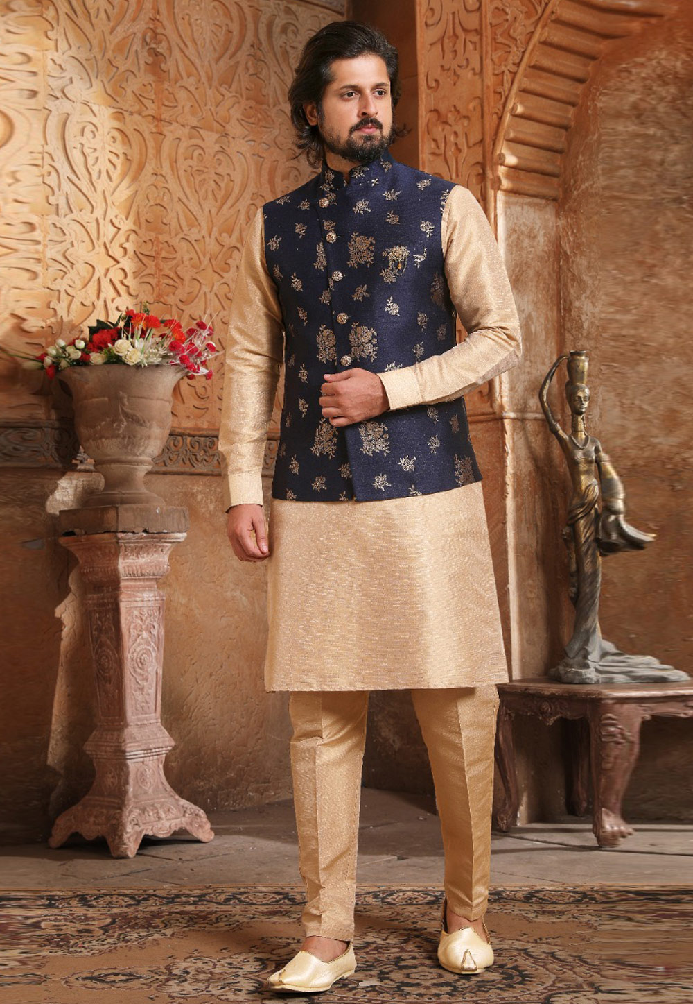Beige Banarasi Silk Kurta Pajama With Jacket 239706