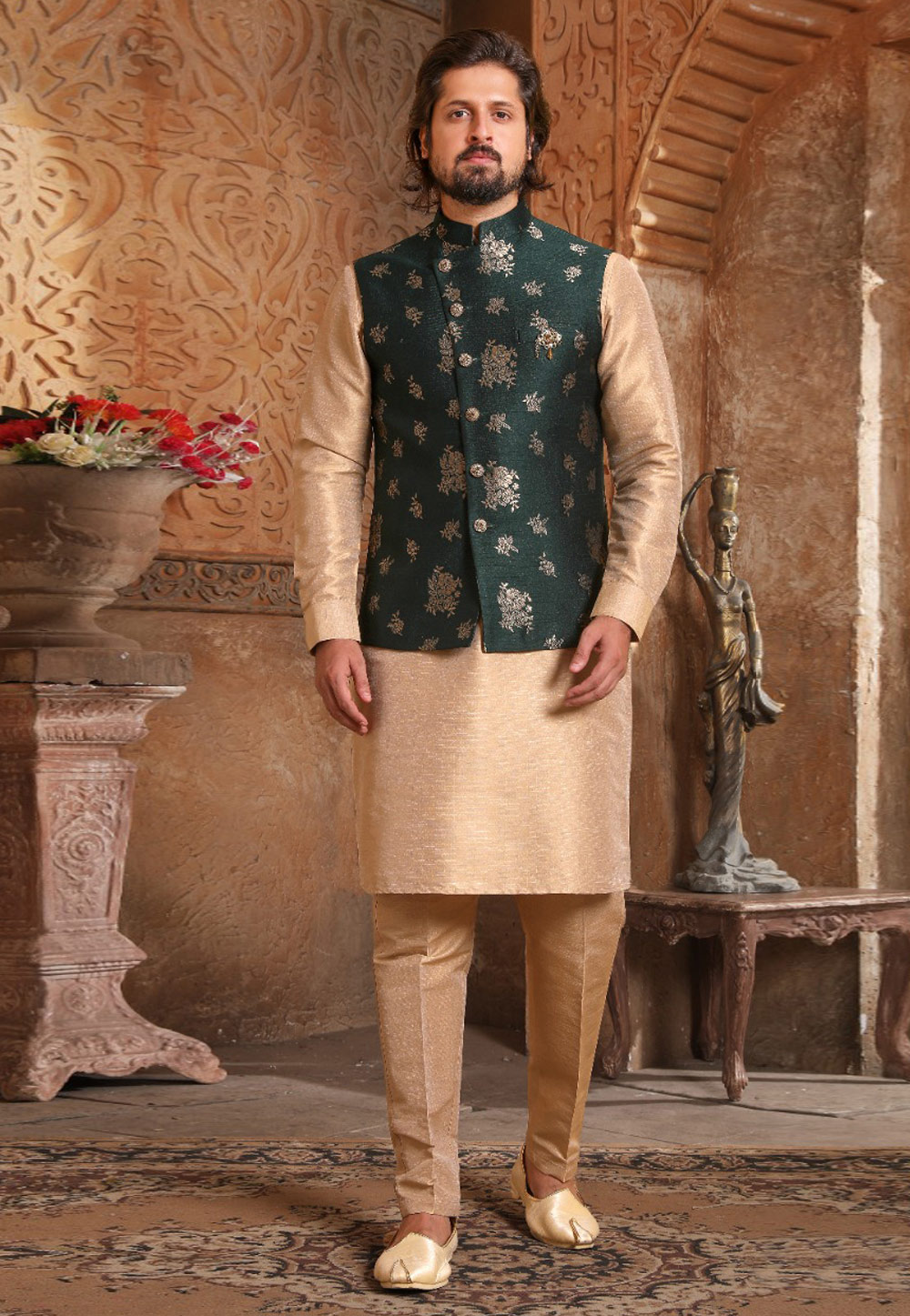 Beige Banarasi Silk Kurta Pajama With Jacket 239708