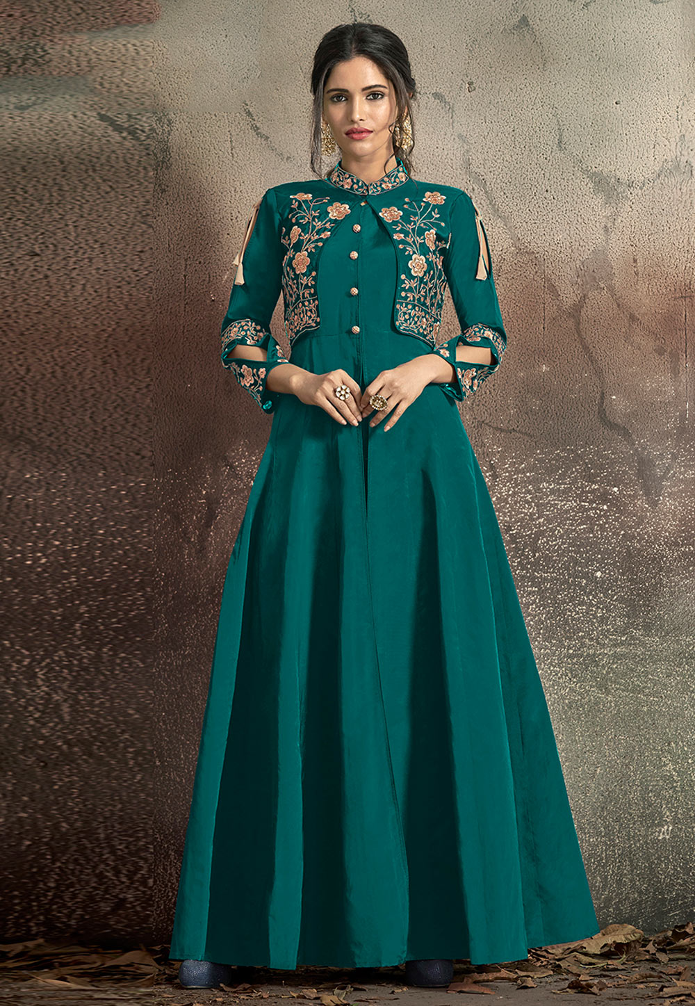 Turquoise Taffeta Readymade Gown 184085