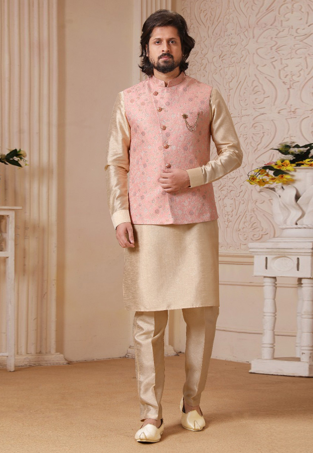 Beige Banarasi Silk Kurta Pajama With Jacket 239710