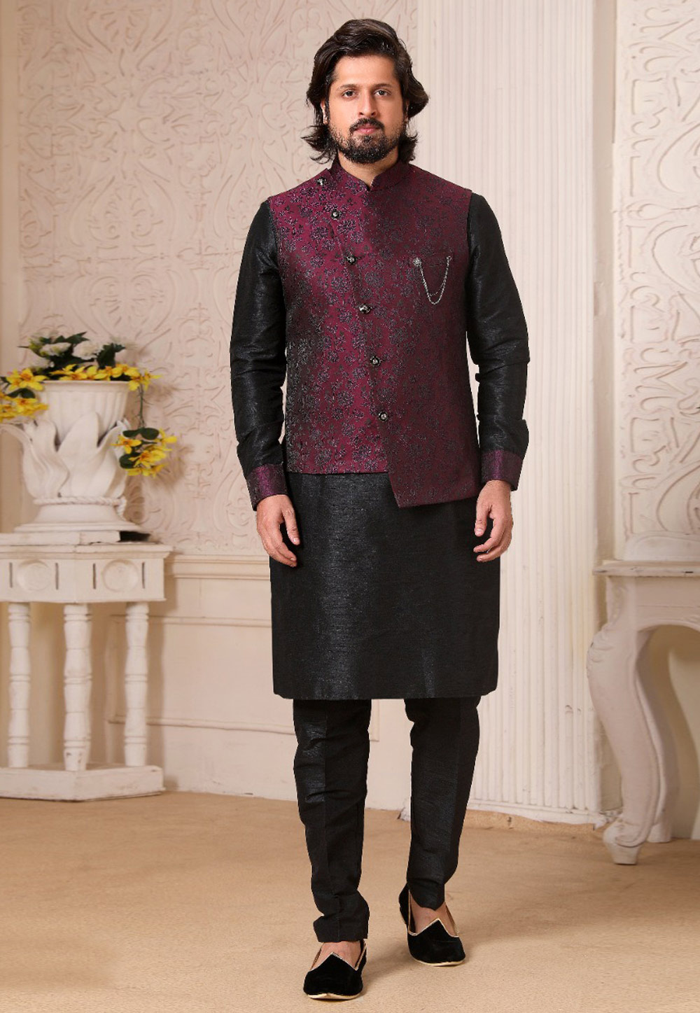 Black Banarasi Silk Kurta Pajama With Jacket 239713