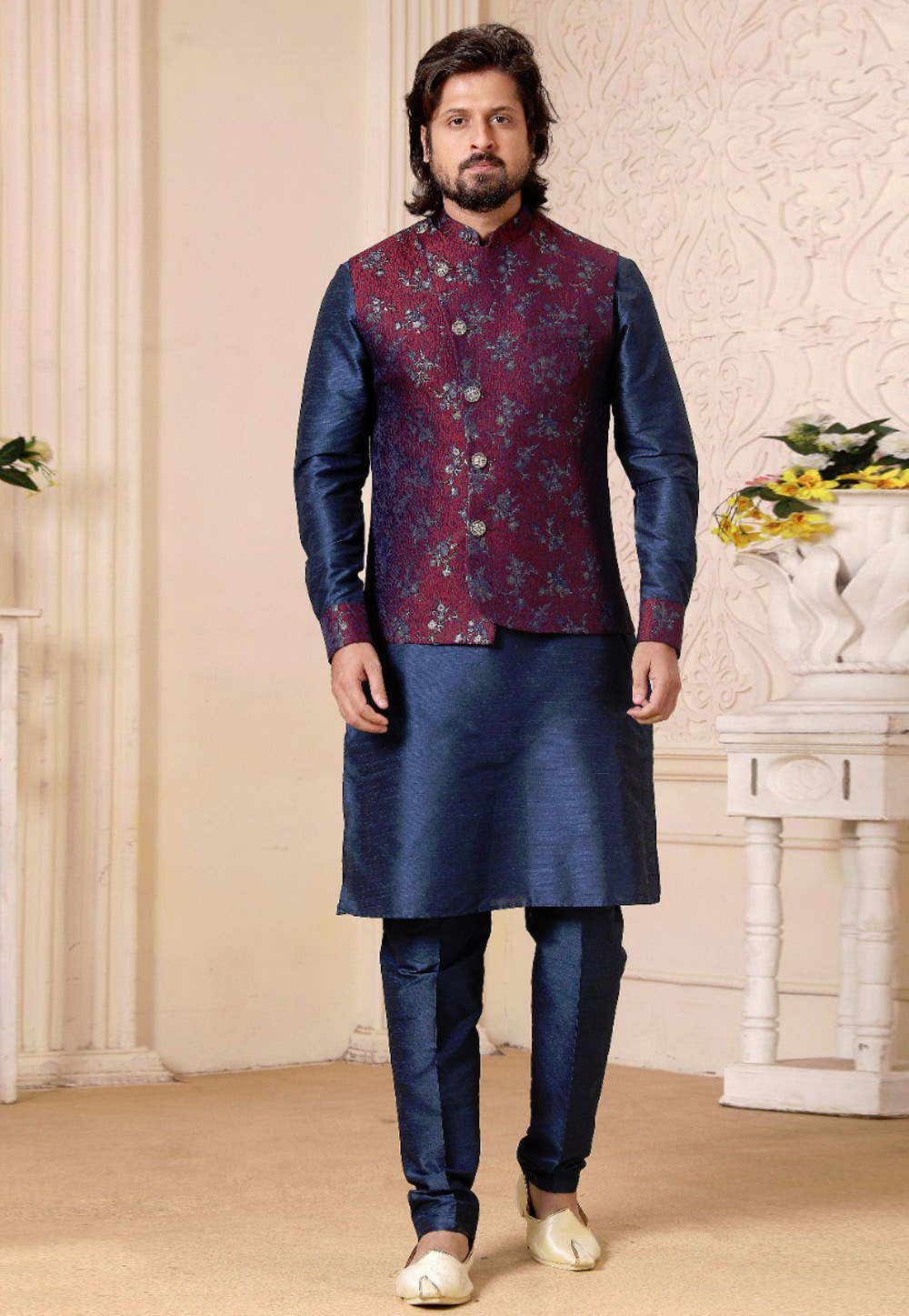 Blue Banarasi Silk Kurta Pajama With Jacket 239715