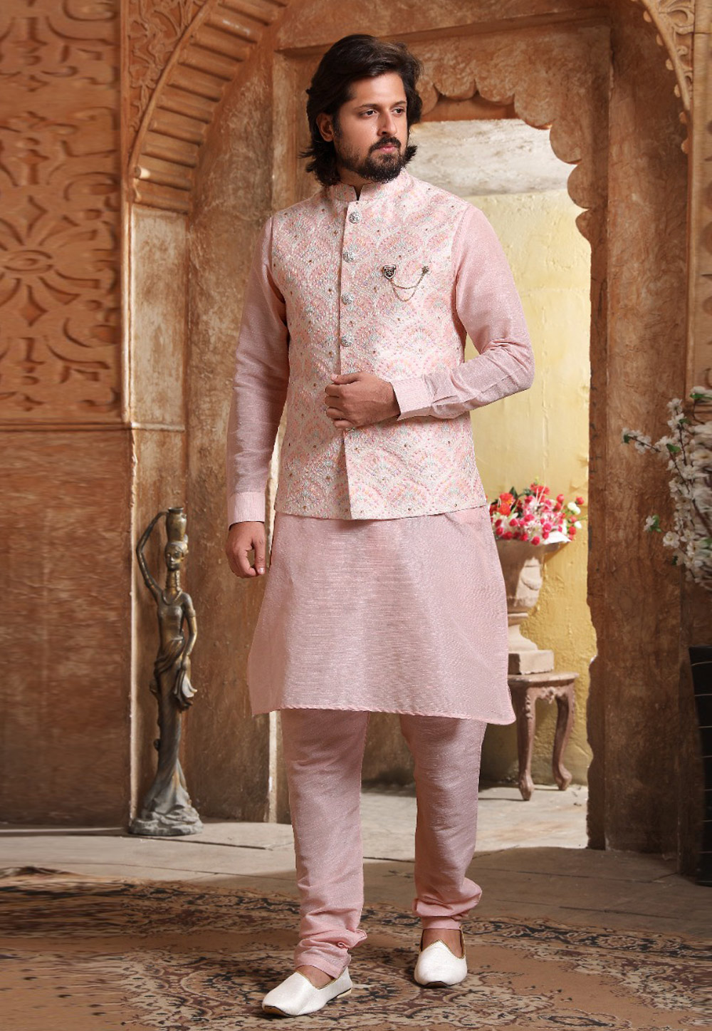 Pink Banarasi Silk Kurta Pajama With Jacket 239717
