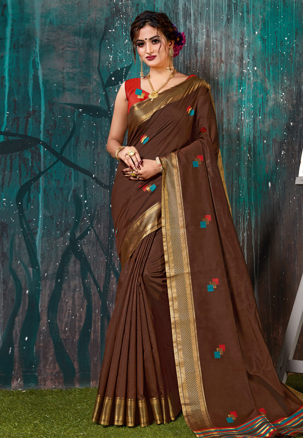Brown Chanderi Saree With Blouse 209688