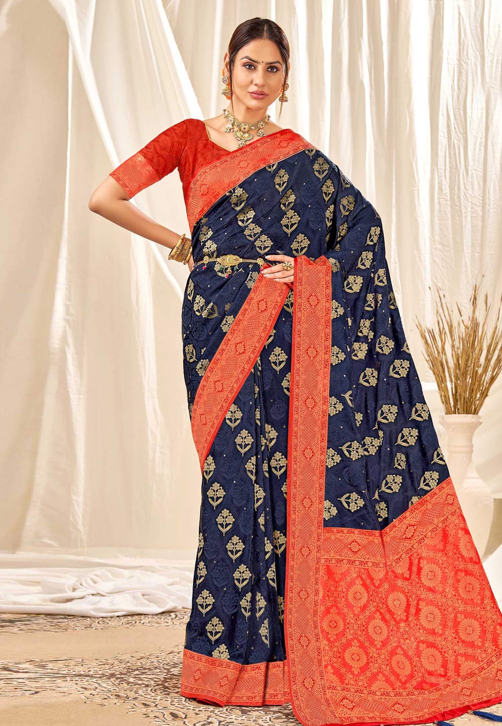 Navy Blue Satin Silk Festival Wear Saree 239743