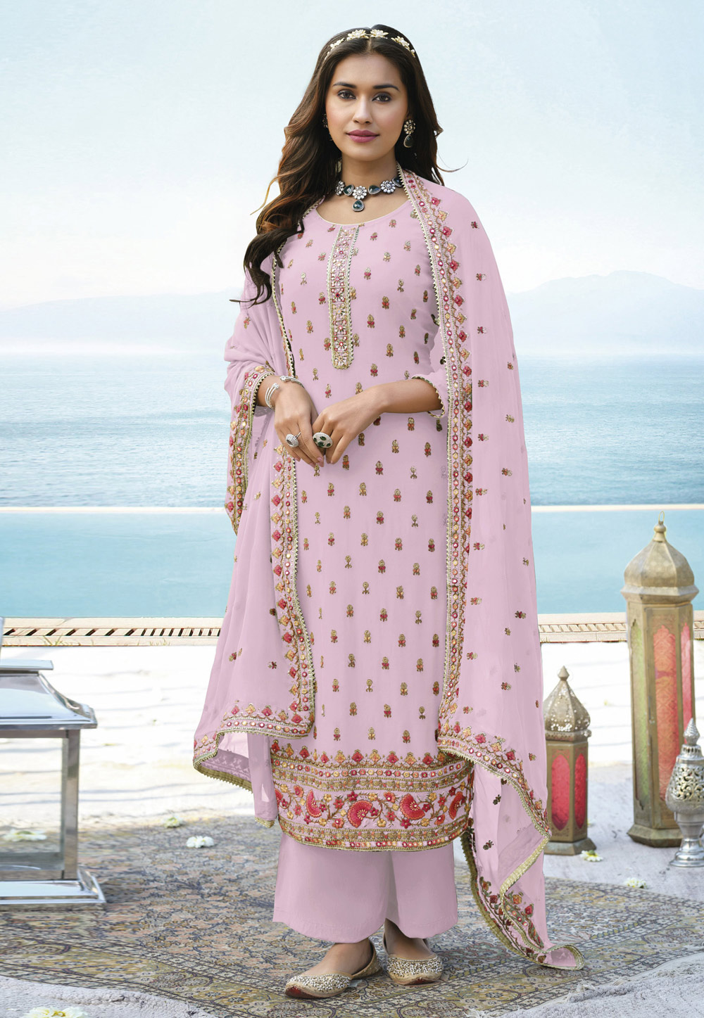 Pink Faux Georgette Palazzo Suit 247858