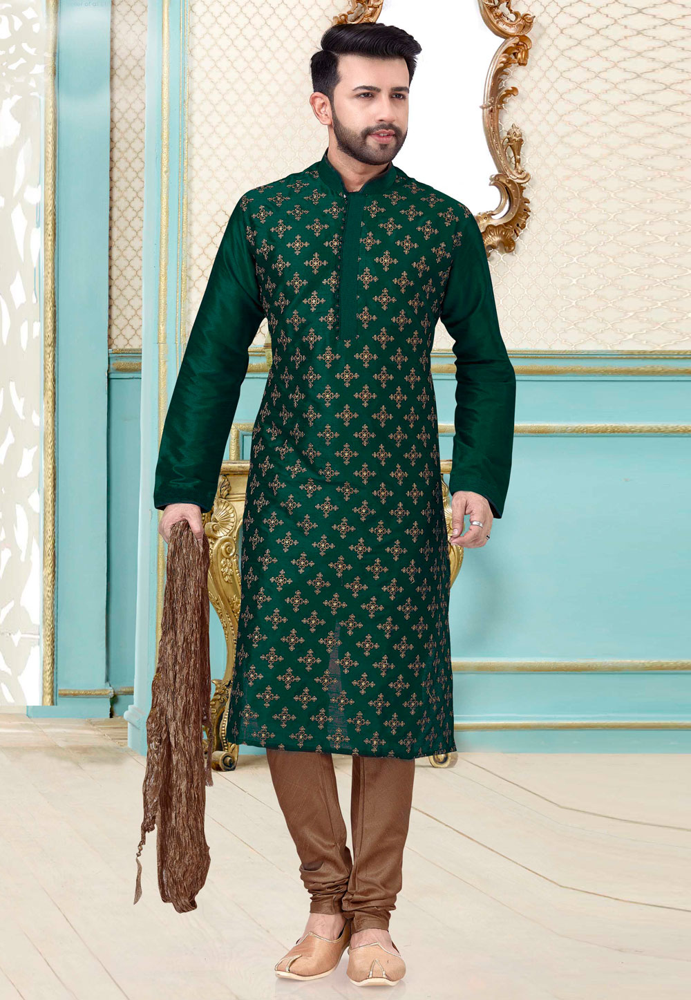 Green Satin Silk Lakhnavi Kurta Pajama 239661
