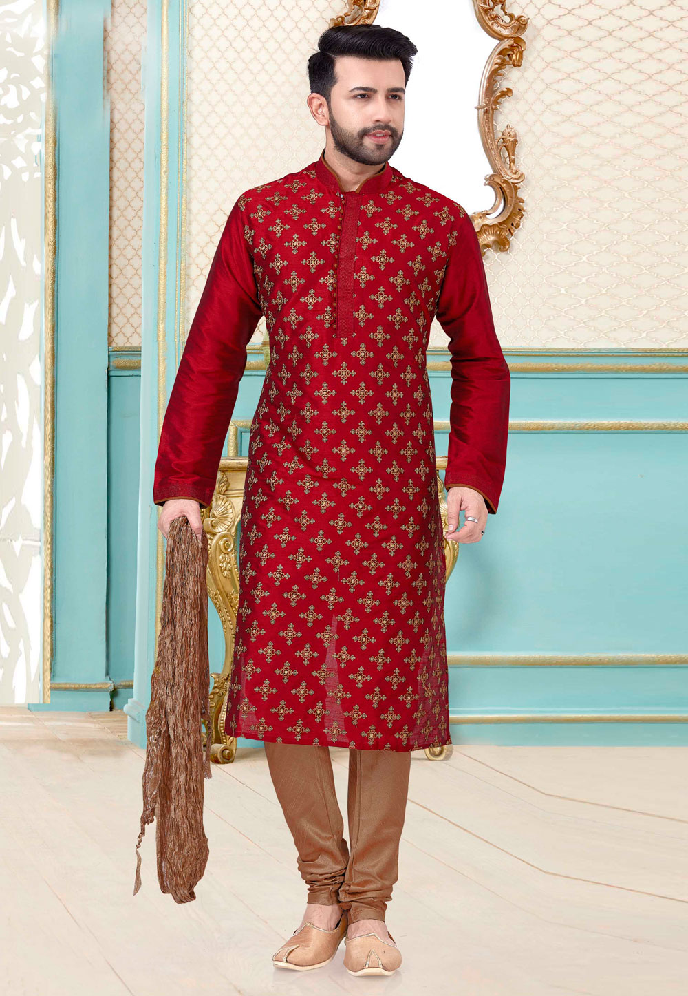 Red Satin Silk Lakhnavi Kurta Pajama 239663